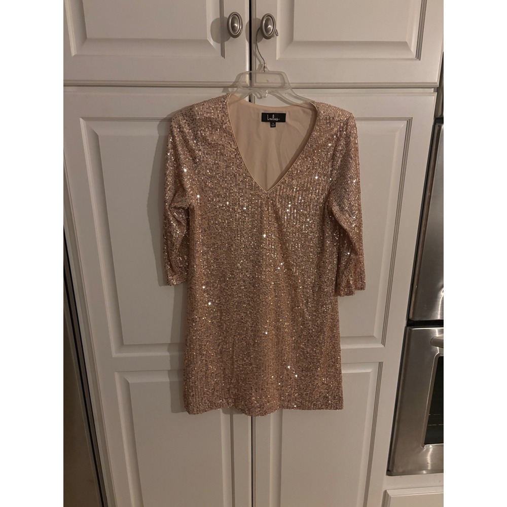 Lulus Rose Gold Sequin V-Neck Shift Mini Dress 3/4 Sleeve Small